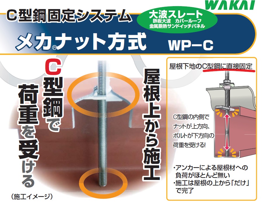 C型鋼固定システム　大波スレート用　メカナット方式　WP-C　若井産業